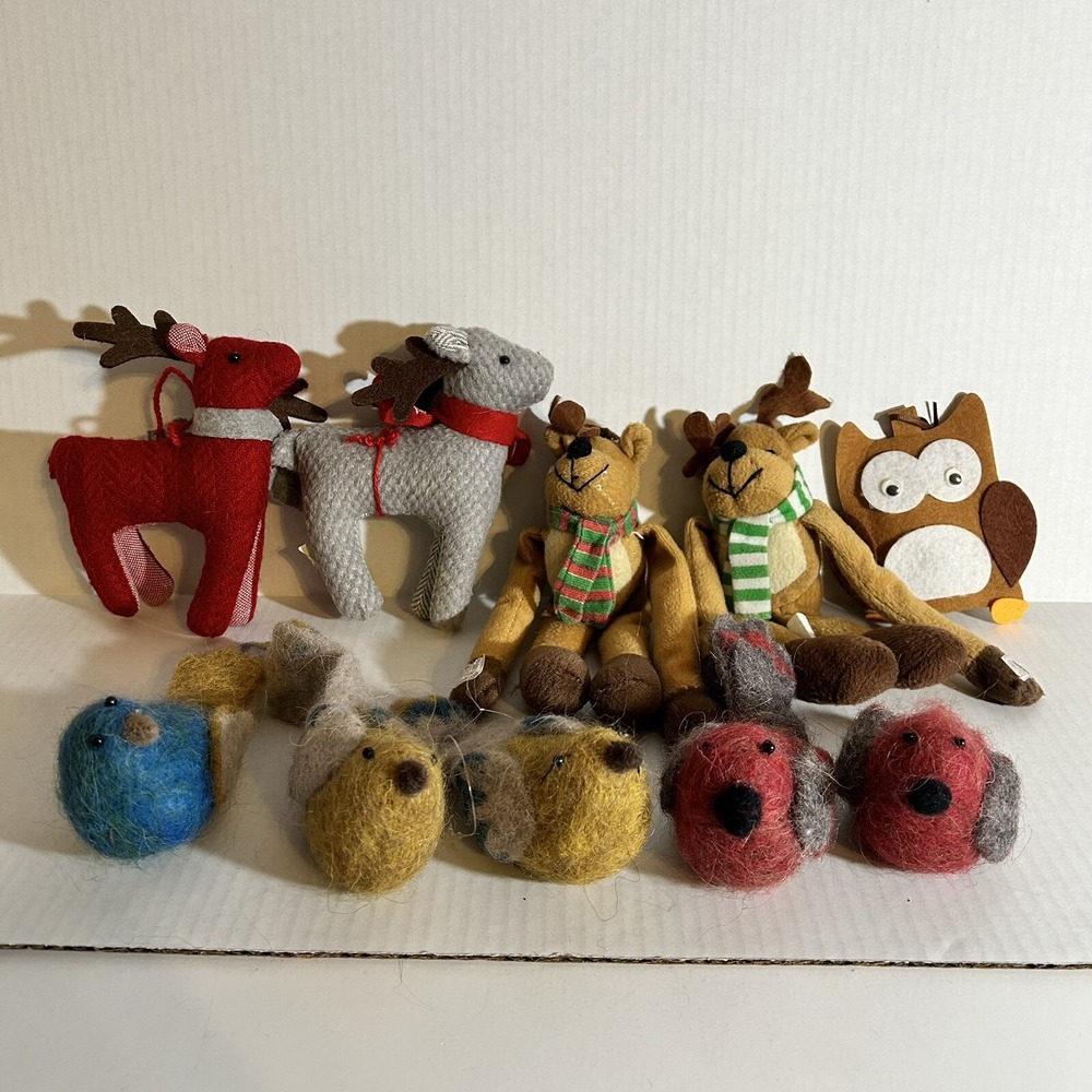 Lot of 10 Christmas‎ Ornaments Plush Reindeer Owl Birds Holiday Tree Decorations